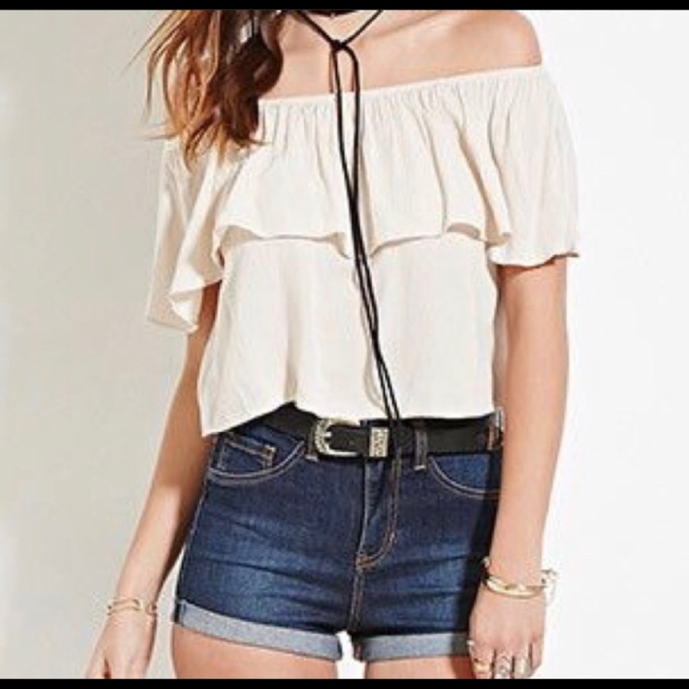 Forever 21 Cream Off Shoulder Flounce Crop Top